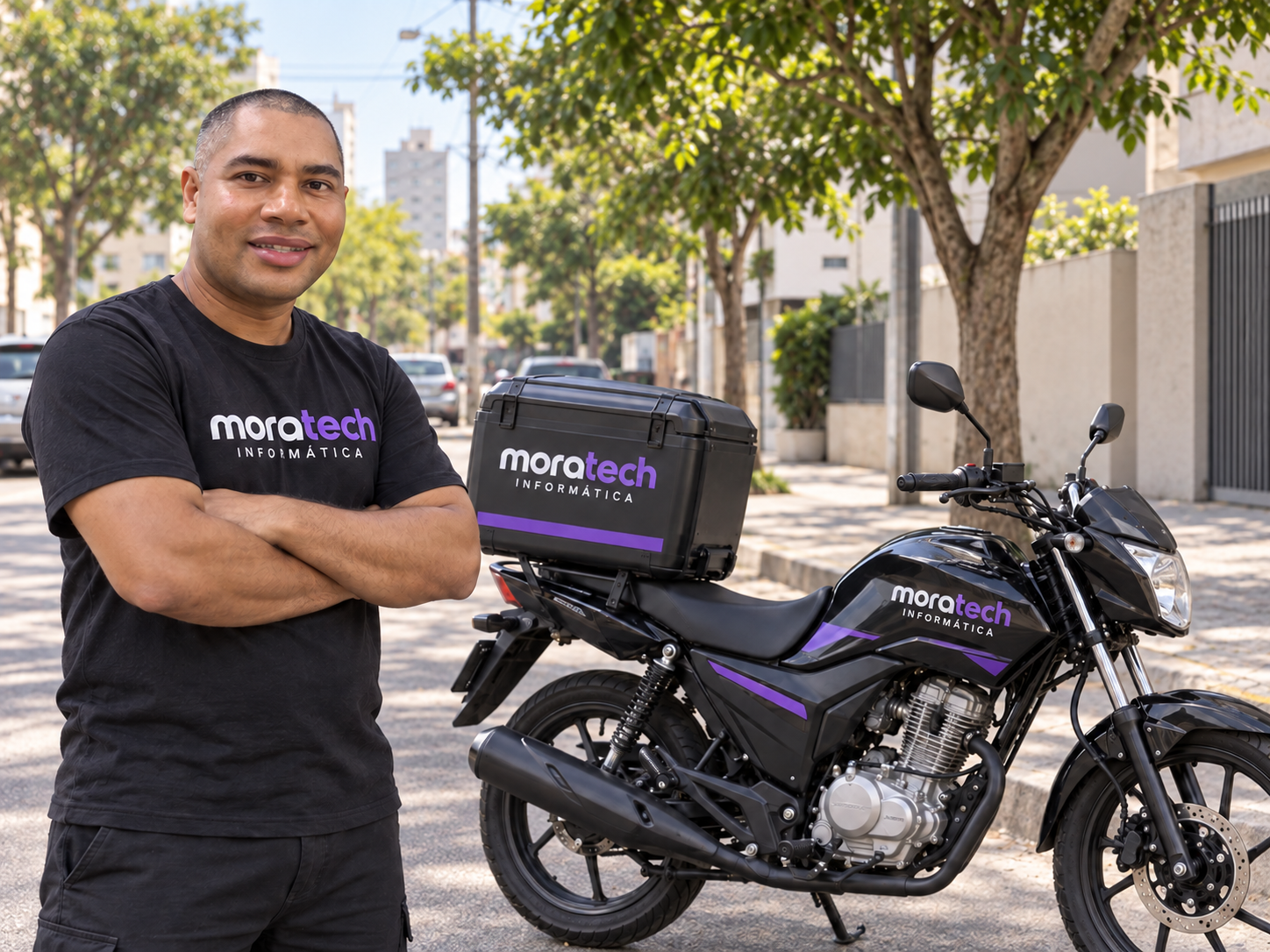 Imagem ilustrativa de técnico com camiseta preta da Moratech ao lado de motocicleta com baú de atendimento
