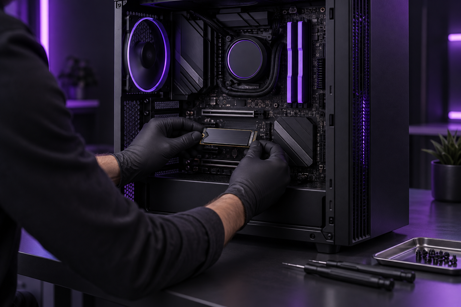 Técnico instalando SSD em um computador de mesa, imagem ilustrativa