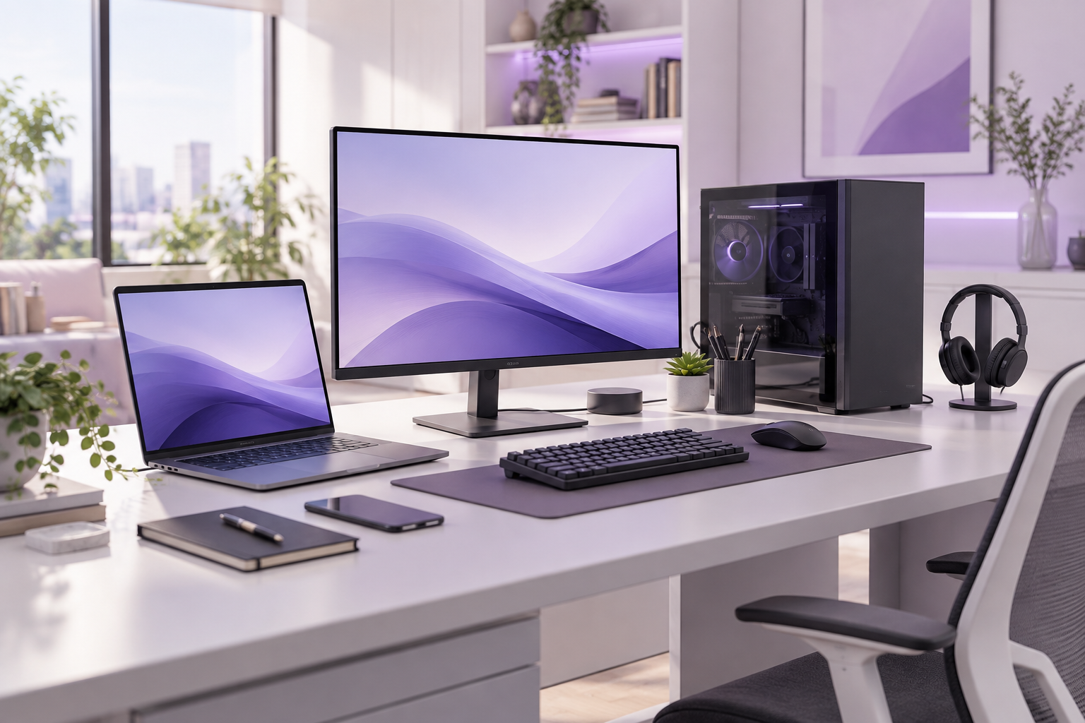 Estação de trabalho com computador, notebook e periféricos, imagem ilustrativa