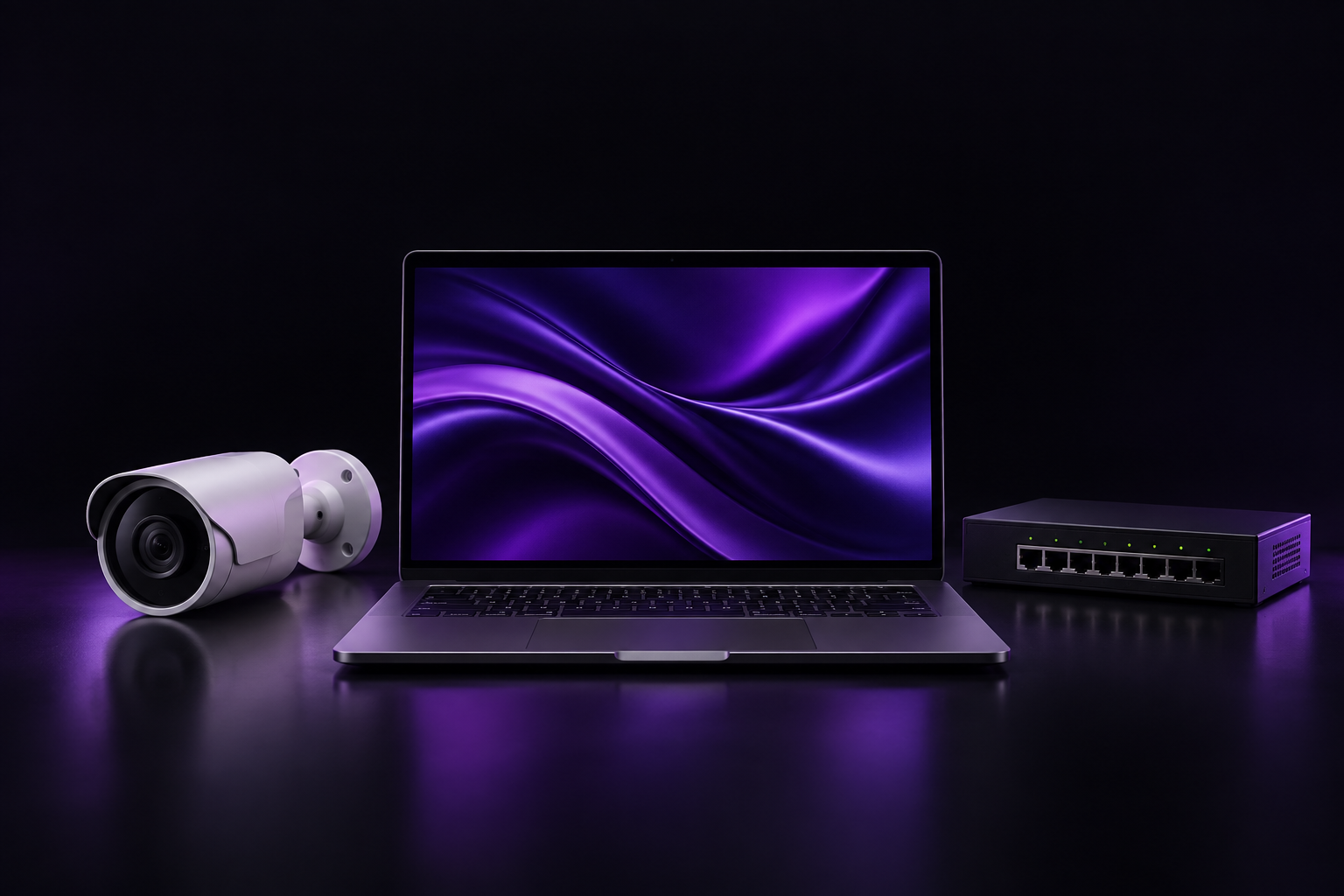 Imagem ilustrativa de notebook, câmera e equipamento de rede com iluminação roxa