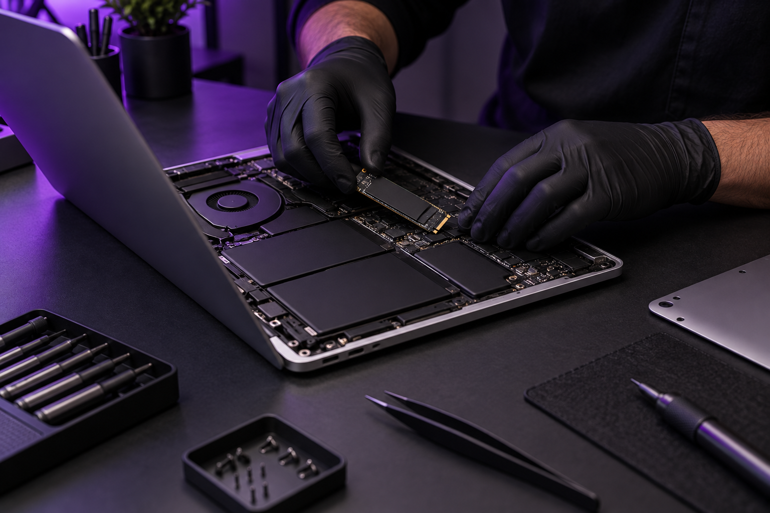 Técnico realizando manutenção em um notebook, imagem ilustrativa
